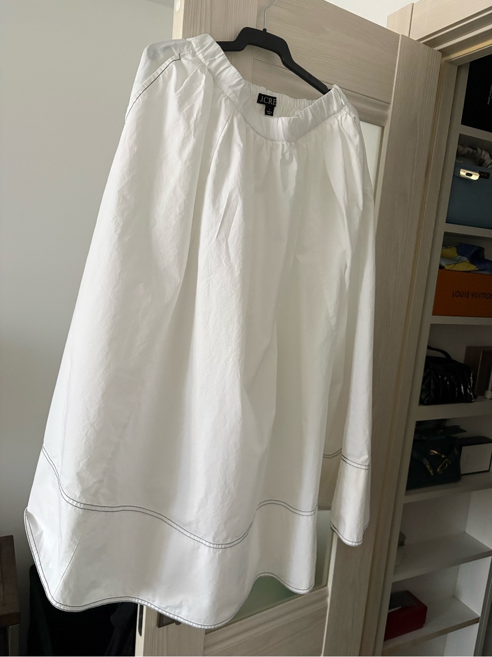 J. Crew White A-Line Full Midi Skirt with Contrast Topstitch